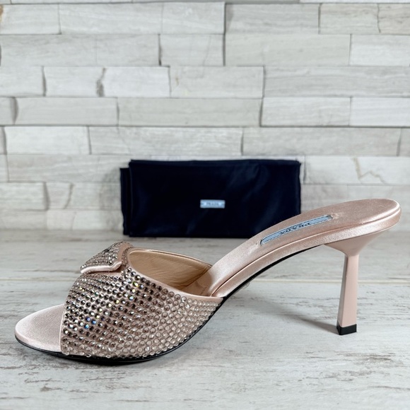 PRADA Modellerie 75MM Crystal Embellished Satin Mules Heels Sandals SZ 38 Blush - Picture 11 of 16